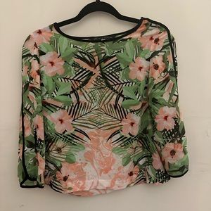Rose & olive floral sheer blouse long sleeve with black trim